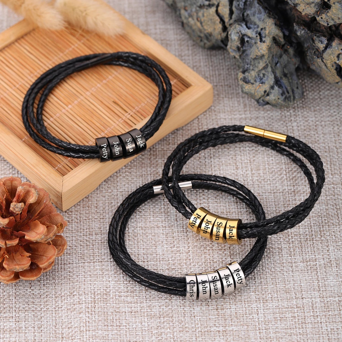 Men’s Leather Bracelet – Custom Beads & 18K Gold