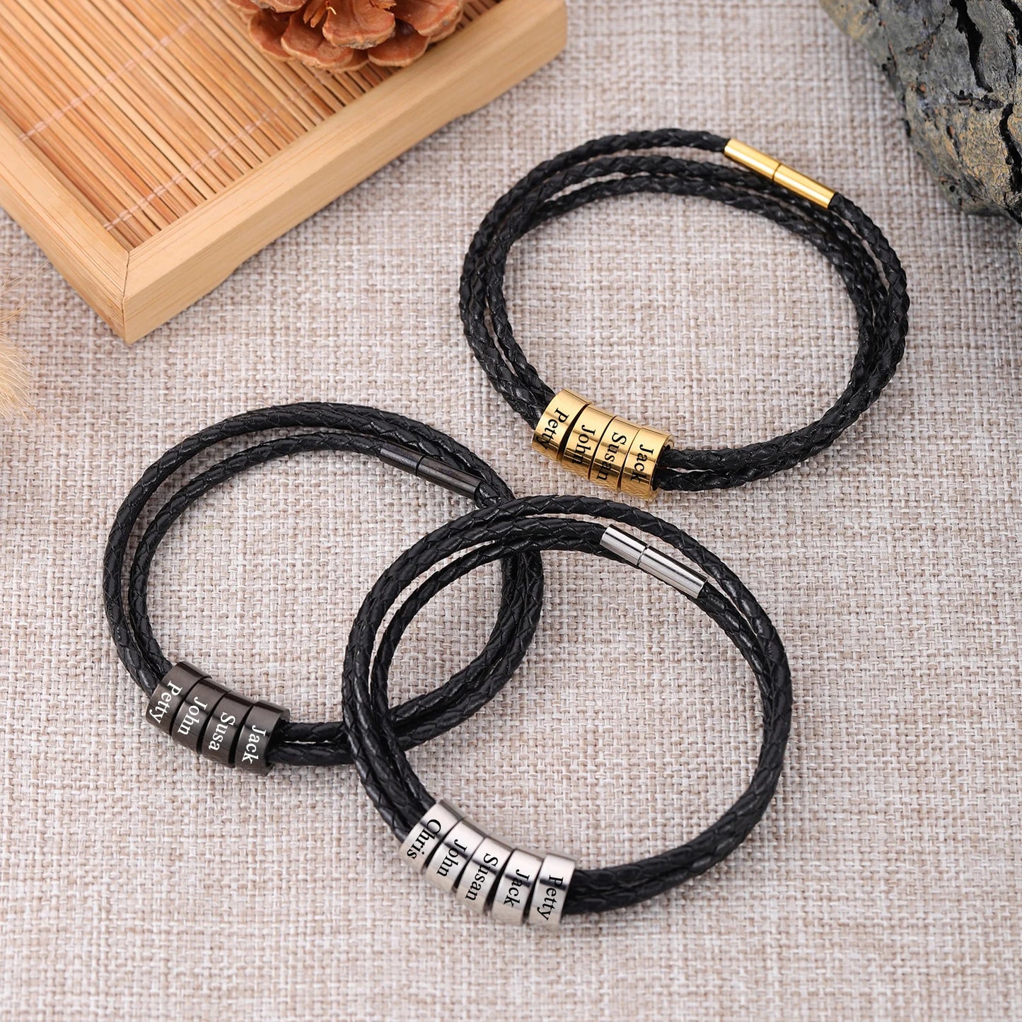 Men’s Leather Bracelet – Custom Beads & 18K Gold