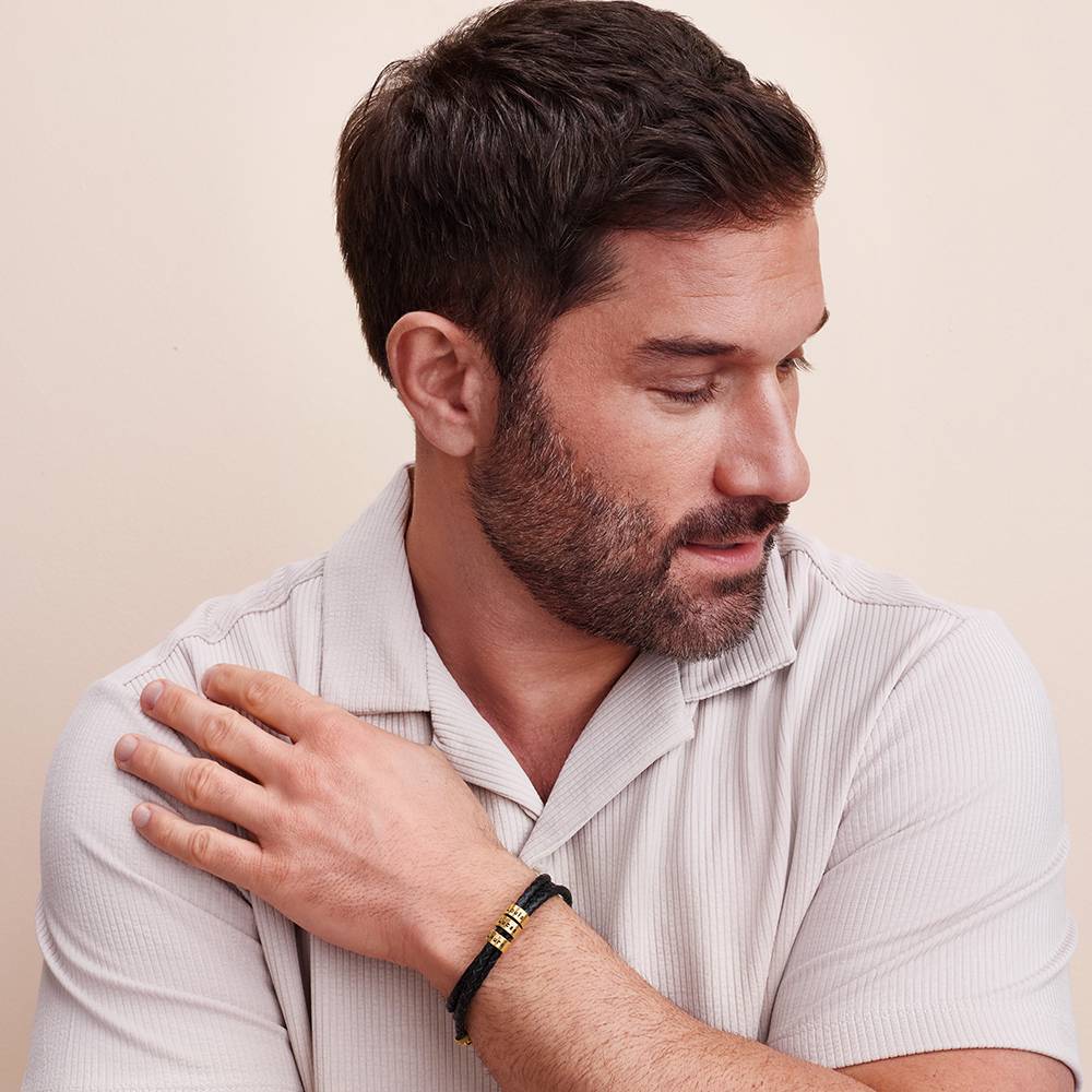 Men’s Leather Bracelet – Custom Beads & 18K Gold