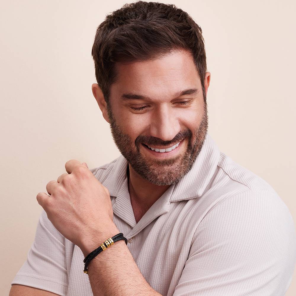 Men’s Leather Bracelet – Custom Beads & 18K Gold