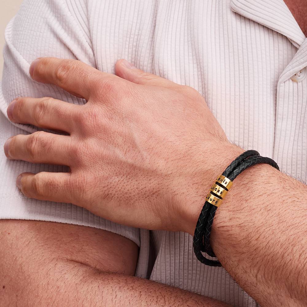 Men’s Leather Bracelet – Custom Beads & 18K Gold