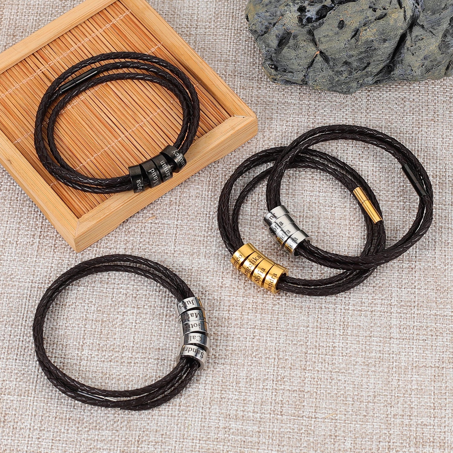 Men’s Leather Bracelet – Custom Beads & 18K Gold