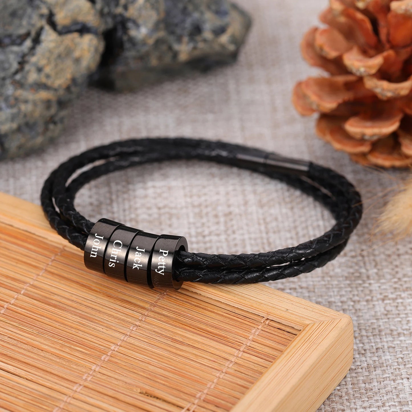 Men’s Leather Bracelet – Custom Beads & 18K Gold
