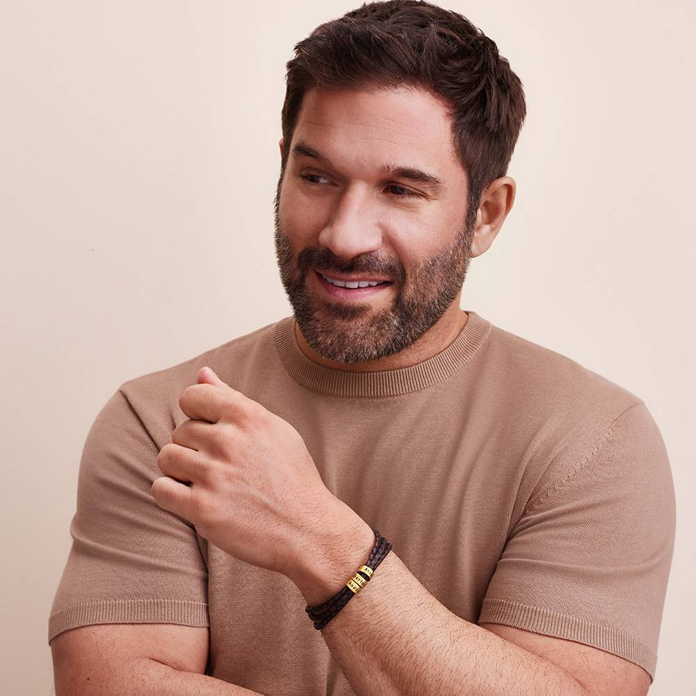 Men’s Leather Bracelet – Custom Beads & 18K Gold